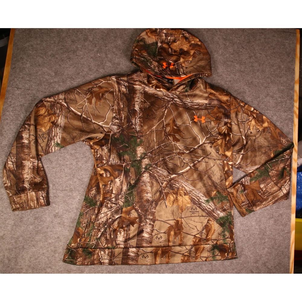 Under Armour Mens 2XL Realtree Xtra Camo Hoodie ColdGear Orange Logo Hunting